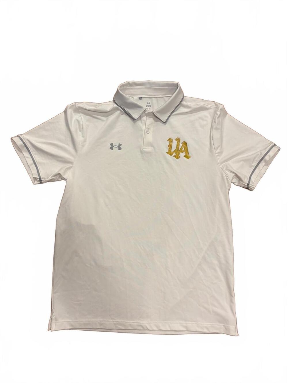 Under Armour White Polo Shirt with Gold 'UA' Logo, Size L/G/G
